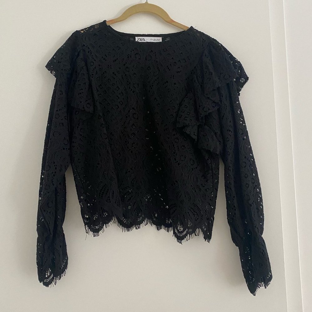 Zara Black Puff Sleeve Lace Long Sleeve Top